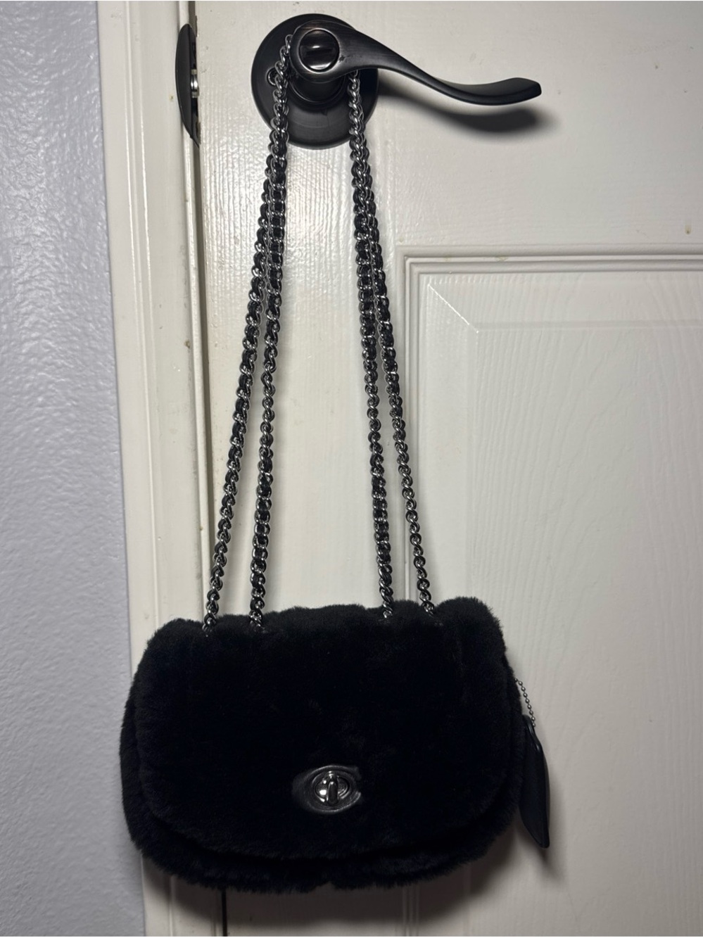 Coach Black Faux Fur Shoulder Bag with Gunmetal Chain Strap